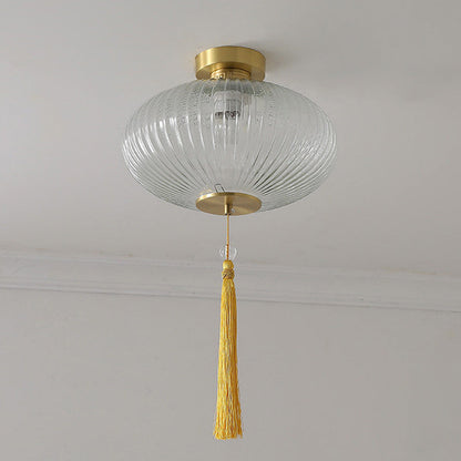Traditional Chinese Cylinder Oval Copper Glass 1-Light Semi-Flush Mount Ceiling Light For Hallway