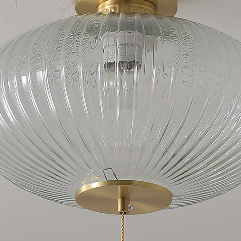 Traditional Chinese Cylinder Oval Copper Glass 1-Light Semi-Flush Mount Ceiling Light For Hallway