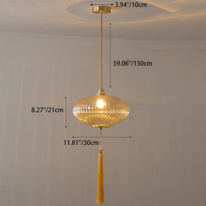 Traditional Chinese Cylinder Oval Copper Glass 1-Light Pendant Light For Bedroom