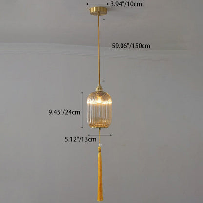 Traditional Chinese Cylinder Oval Copper Glass 1-Light Pendant Light For Bedroom