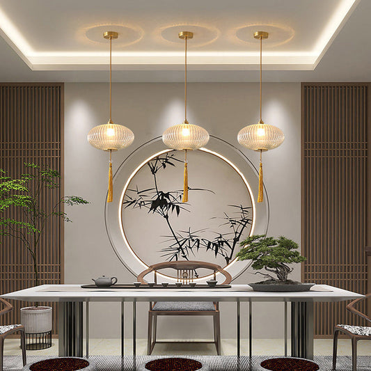 Traditional Chinese Cylinder Oval Copper Glass 1-Light Pendant Light For Bedroom