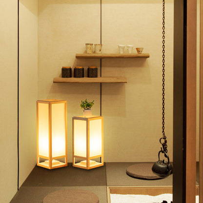 Traditional Japanese Square Rectangle Wood Acrylic 1-Light Standing Floor Lamp For Living Room
