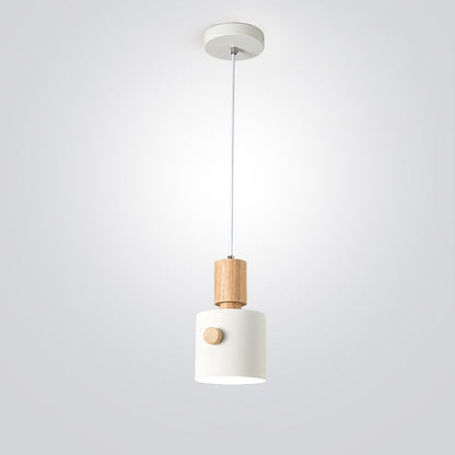 Contemporary Scandinavian Macaron Round Cylinder Iron Wood 1-Light Pendant Light For Bedroom