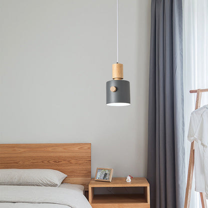 Contemporary Scandinavian Macaron Round Cylinder Iron Wood 1-Light Pendant Light For Bedroom