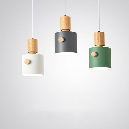 Contemporary Scandinavian Macaron Round Cylinder Iron Wood 1-Light Pendant Light For Bedroom