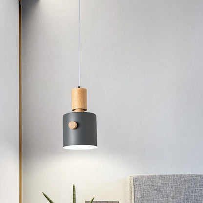 Contemporary Scandinavian Macaron Round Cylinder Iron Wood 1-Light Pendant Light For Bedroom