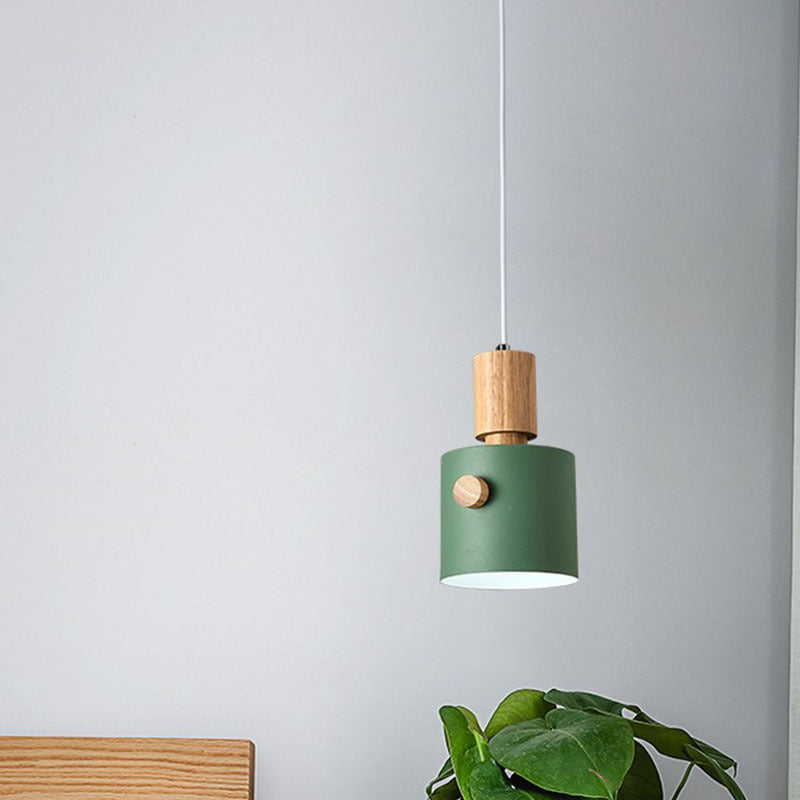 Contemporary Scandinavian Macaron Round Cylinder Iron Wood 1-Light Pendant Light For Bedroom