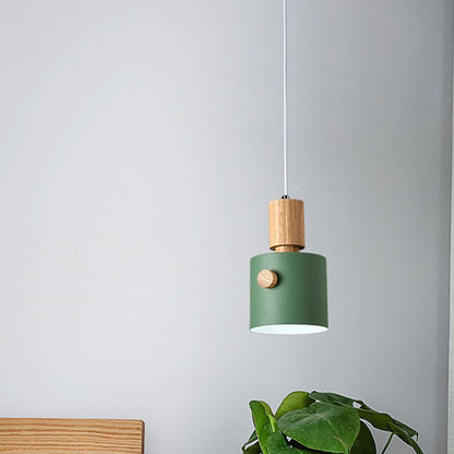 Contemporary Scandinavian Macaron Round Cylinder Iron Wood 1-Light Pendant Light For Bedroom