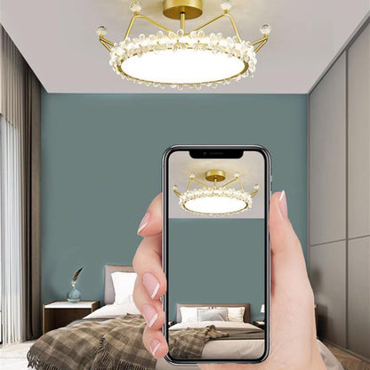 Contemporary Creative Kids Romantic Flower Crown Round Iron Acrylic Crystal LED Semi-Flush Mount Ceiling Light For Bedroom