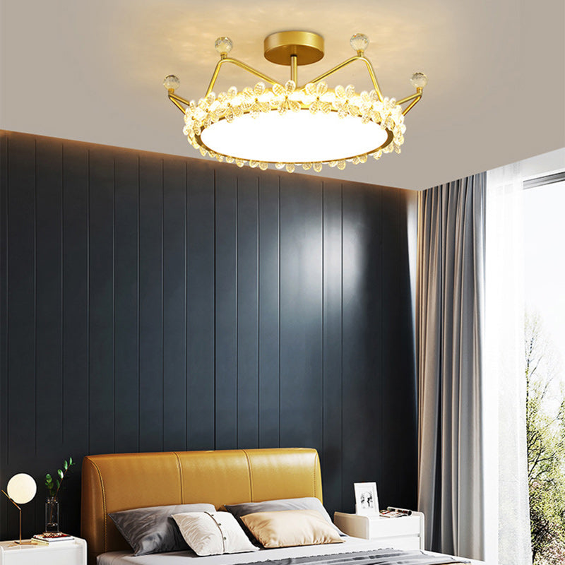 Contemporary Creative Kids Romantic Flower Crown Round Iron Acrylic Crystal LED Semi-Flush Mount Ceiling Light For Bedroom