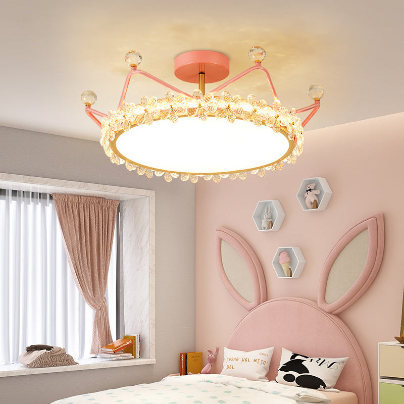 Contemporary Creative Kids Romantic Flower Crown Round Iron Acrylic Crystal LED Semi-Flush Mount Ceiling Light For Bedroom