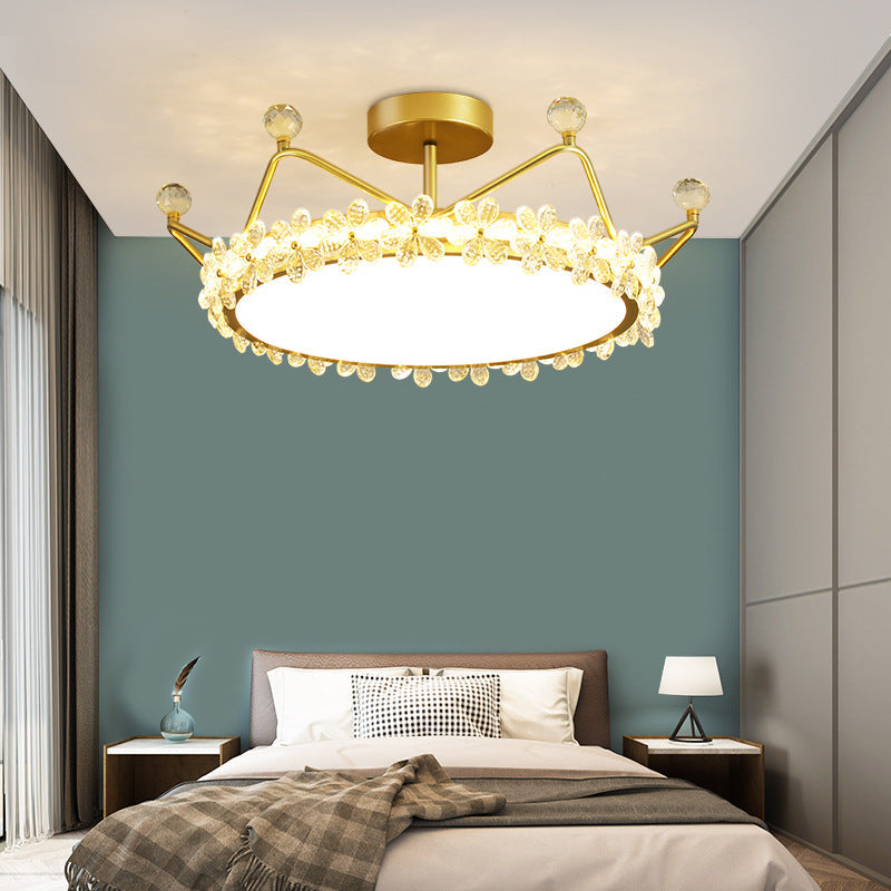 Contemporary Creative Kids Romantic Flower Crown Round Iron Acrylic Crystal LED Semi-Flush Mount Ceiling Light For Bedroom