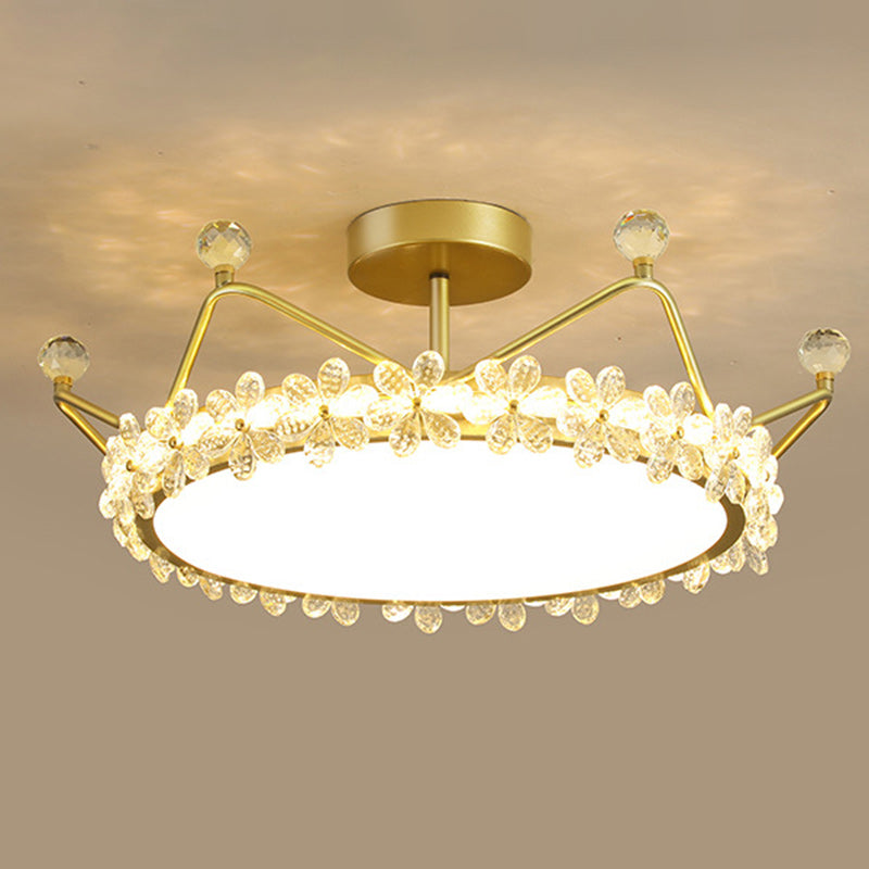 Contemporary Creative Kids Romantic Flower Crown Round Iron Acrylic Crystal LED Semi-Flush Mount Ceiling Light For Bedroom