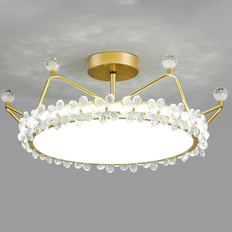Contemporary Creative Kids Romantic Flower Crown Round Iron Acrylic Crystal LED Semi-Flush Mount Ceiling Light For Bedroom