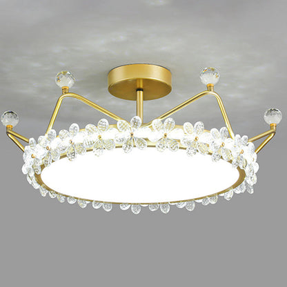 Contemporary Creative Kids Romantic Flower Crown Round Iron Acrylic Crystal LED Semi-Flush Mount Ceiling Light For Bedroom