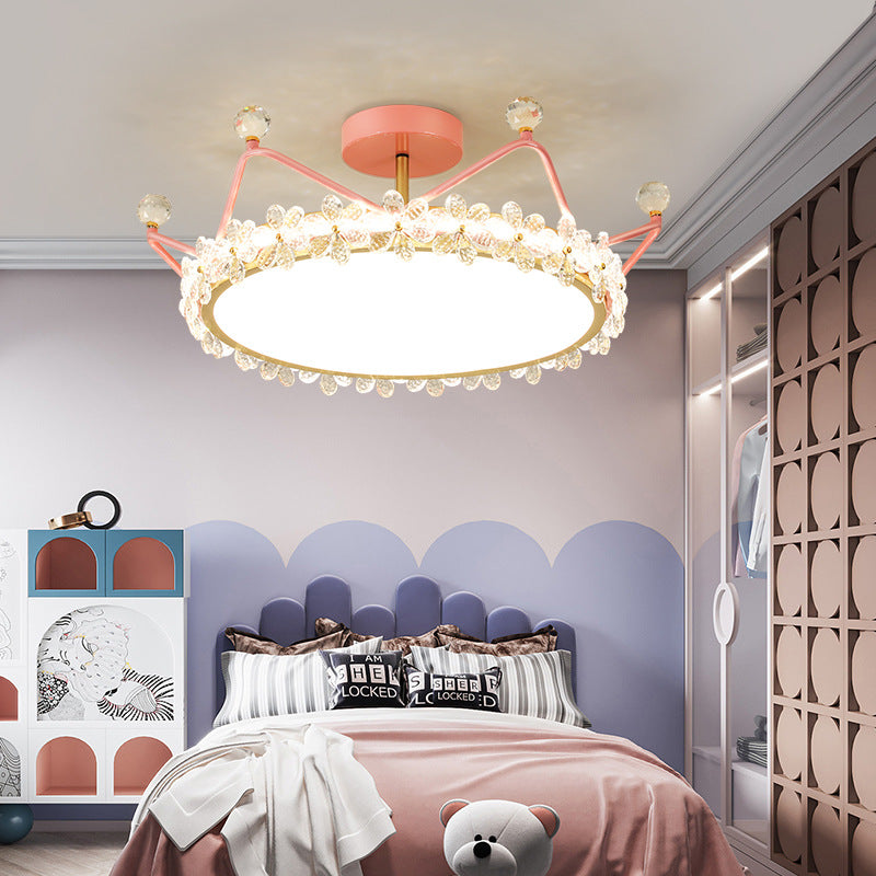 Contemporary Creative Kids Romantic Flower Crown Round Iron Acrylic Crystal LED Semi-Flush Mount Ceiling Light For Bedroom