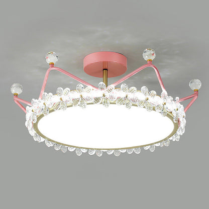 Contemporary Creative Kids Romantic Flower Crown Round Iron Acrylic Crystal LED Semi-Flush Mount Ceiling Light For Bedroom