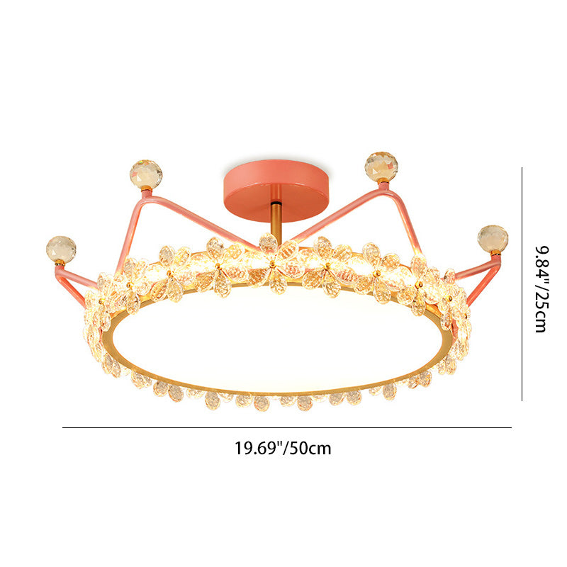 Contemporary Creative Kids Romantic Flower Crown Round Iron Acrylic Crystal LED Semi-Flush Mount Ceiling Light For Bedroom