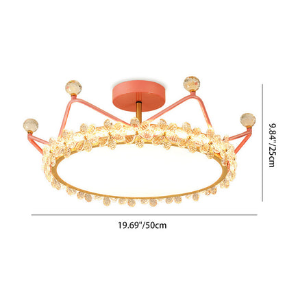 Contemporary Creative Kids Romantic Flower Crown Round Iron Acrylic Crystal LED Semi-Flush Mount Ceiling Light For Bedroom