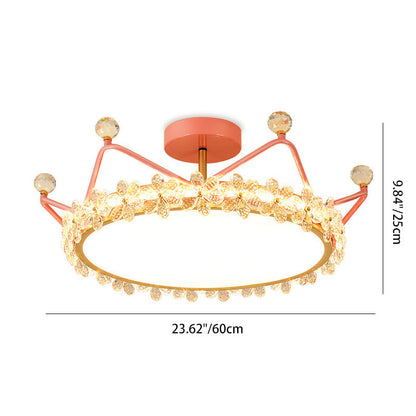 Contemporary Creative Kids Romantic Flower Crown Round Iron Acrylic Crystal LED Semi-Flush Mount Ceiling Light For Bedroom