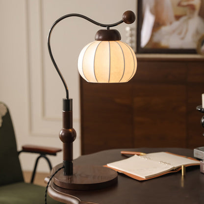 Traditional Vintage Round Oval Ash Wood Silk Aluminum 1-Light Table Lamp For Bedroom