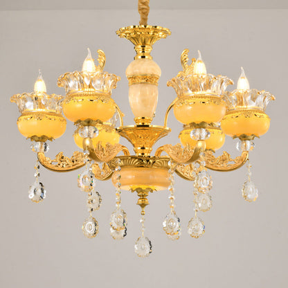Modern Luxury Tassel Candle Round Gold Jade Crystal 6/8/10 Light Chandelier For Living Room