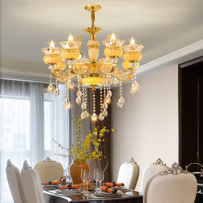 Modern Luxury Tassel Candle Round Gold Jade Crystal 6/8/10 Light Chandelier For Living Room