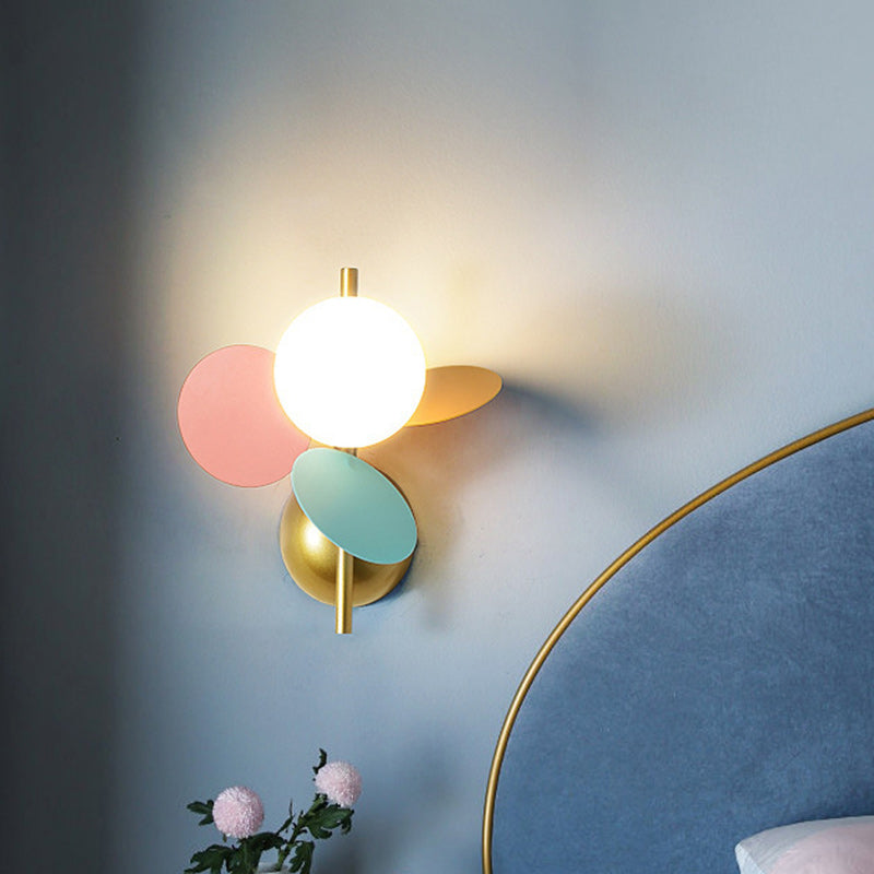 Contemporary Creative Kids Macaron Round Iron PVC Glass 1-Light Wall Sconce Lamp For Bedroom