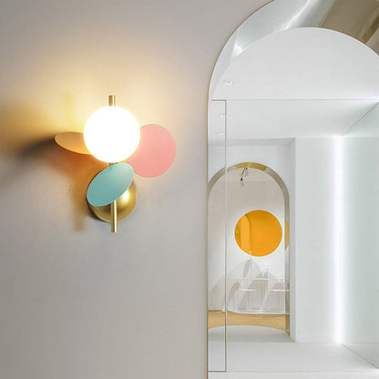 Contemporary Creative Kids Macaron Round Iron PVC Glass 1-Light Wall Sconce Lamp For Bedroom