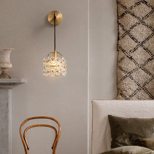 Modern Luxury Romantic Flower Round Cylinder Copper Crystal 1-Light Wall Sconce Lamp For Bedroom