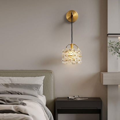 Modern Luxury Romantic Flower Round Cylinder Copper Crystal 1-Light Wall Sconce Lamp For Bedroom
