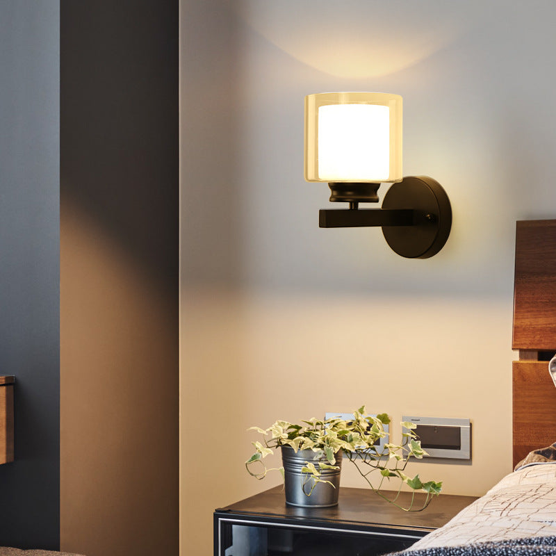 Modern Minimalist Round Cylinder Iron Glass 1-Light Wall Sconce Lamp For Bedroom