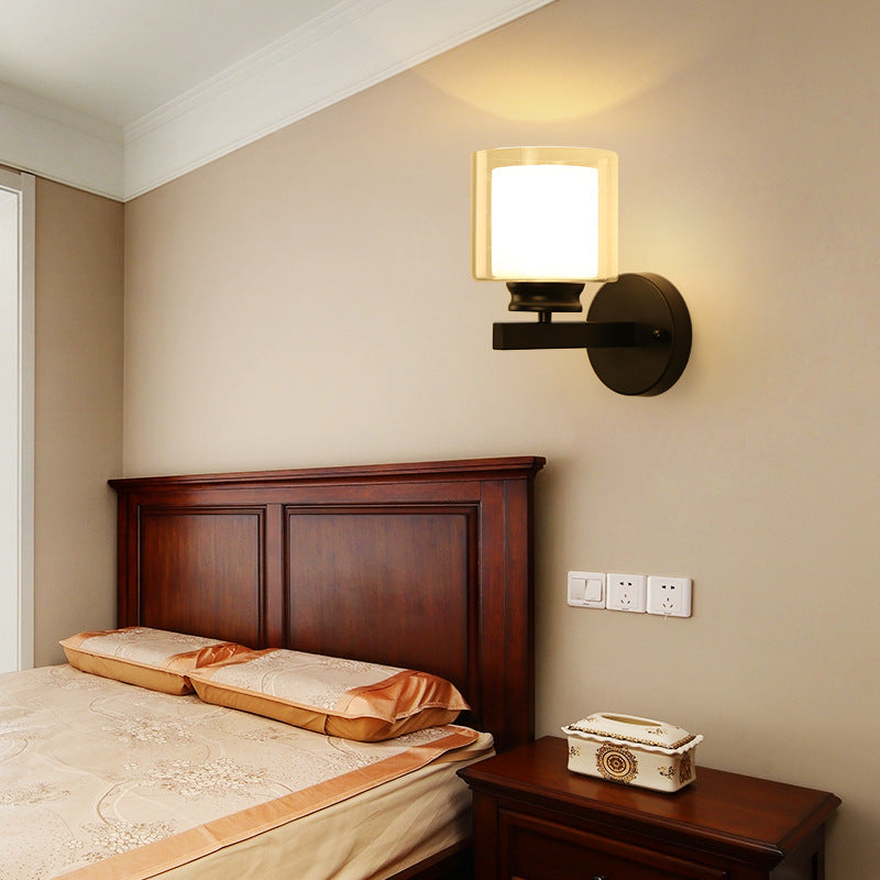 Modern Minimalist Round Cylinder Iron Glass 1-Light Wall Sconce Lamp For Bedroom