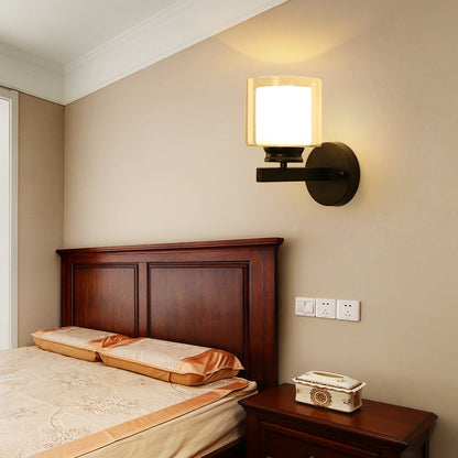 Modern Minimalist Round Cylinder Iron Glass 1-Light Wall Sconce Lamp For Bedroom