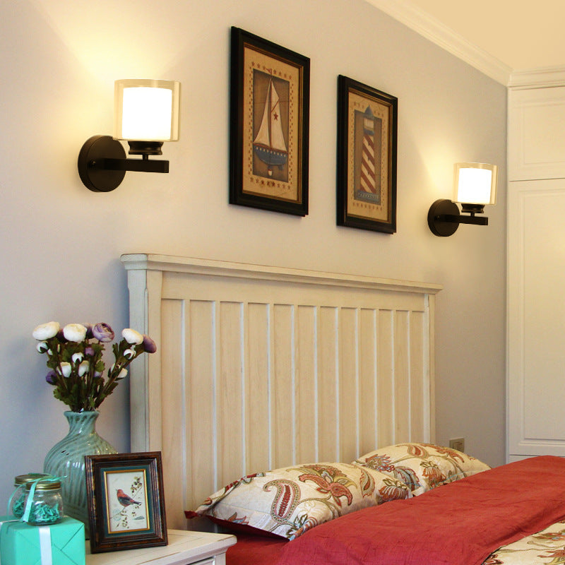 Modern Minimalist Round Cylinder Iron Glass 1-Light Wall Sconce Lamp For Bedroom