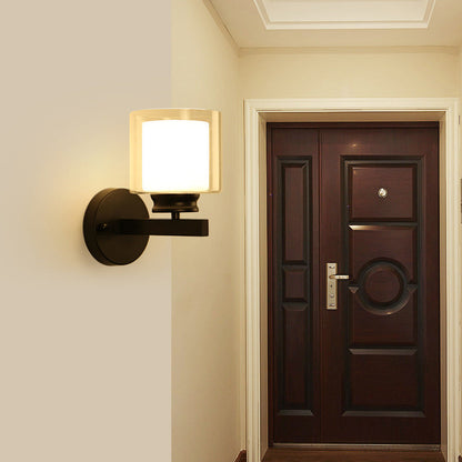 Modern Minimalist Round Cylinder Iron Glass 1-Light Wall Sconce Lamp For Bedroom