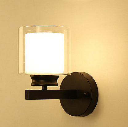 Modern Minimalist Round Cylinder Iron Glass 1-Light Wall Sconce Lamp For Bedroom