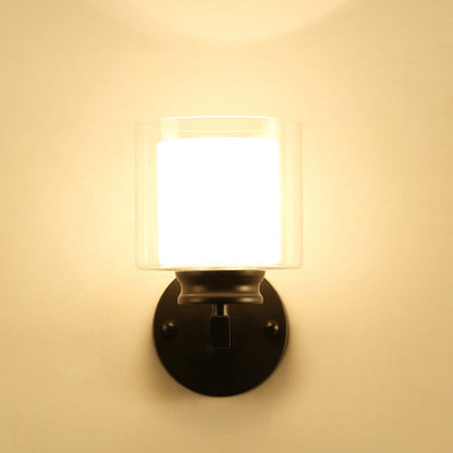 Modern Minimalist Round Cylinder Iron Glass 1-Light Wall Sconce Lamp For Bedroom