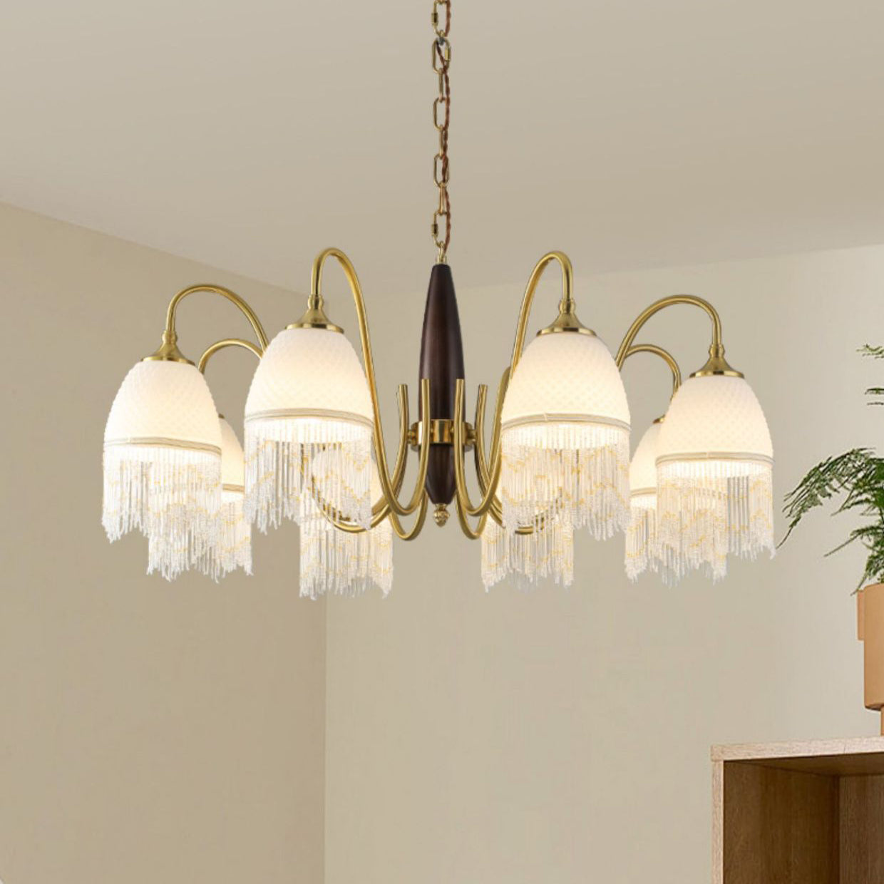 Traditional French Tassel Round Oval Iron Wood Glass 3/5/8 Light Chandelier For Living Room