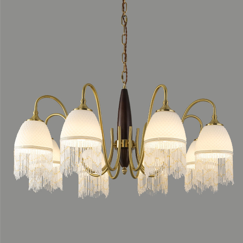Traditional French Tassel Round Oval Iron Wood Glass 3/5/8 Light Chandelier For Living Room