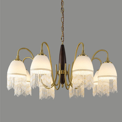 Traditional French Tassel Round Oval Iron Wood Glass 3/5/8 Light Chandelier For Living Room