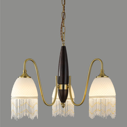 Traditional French Tassel Round Oval Iron Wood Glass 3/5/8 Light Chandelier For Living Room