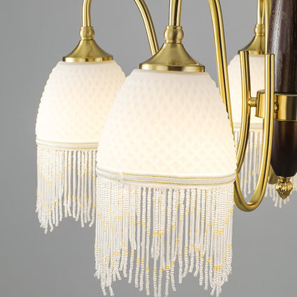 Traditional French Tassel Round Oval Iron Wood Glass 3/5/8 Light Chandelier For Living Room