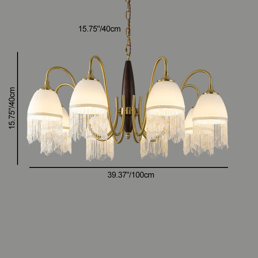 Traditional French Tassel Round Oval Iron Wood Glass 3/5/8 Light Chandelier For Living Room