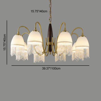 Traditional French Tassel Round Oval Iron Wood Glass 3/5/8 Light Chandelier For Living Room