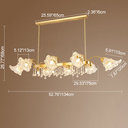 Modern Luxury Flower Shape Linear Rectangle Copper Glass 12-Light Island Light Chandelier For Dining Room