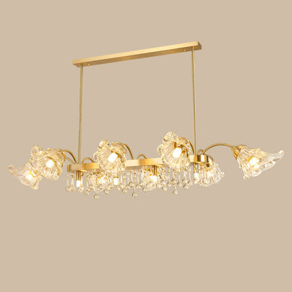 Modern Luxury Flower Shape Linear Rectangle Copper Glass 12-Light Island Light Chandelier For Dining Room
