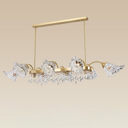 Modern Luxury Flower Shape Linear Rectangle Copper Glass 12-Light Island Light Chandelier For Dining Room