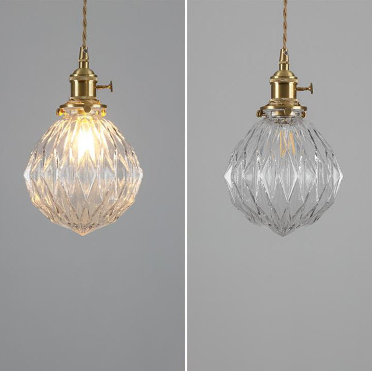 Contemporary Creative Round Orb Diamond Cone Copper Glass 1-Light Pendant Light For Bedroom