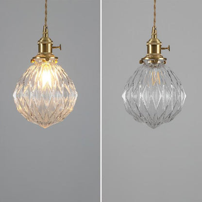 Contemporary Creative Round Orb Diamond Cone Copper Glass 1-Light Pendant Light For Bedroom